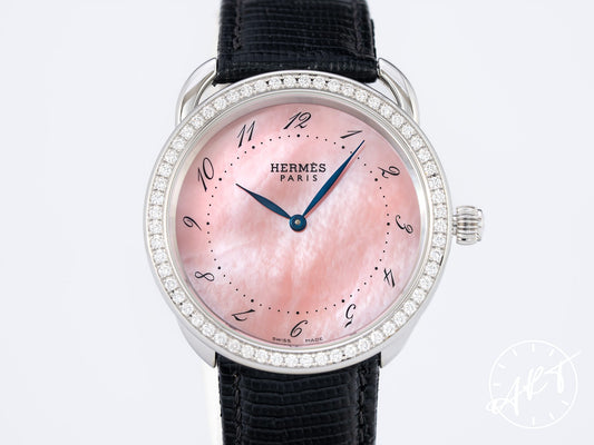 Hermes Arceau Factory Diamond Bezel Pink MOP Dial SS Quartz Watch AR5.730 w/ B&P