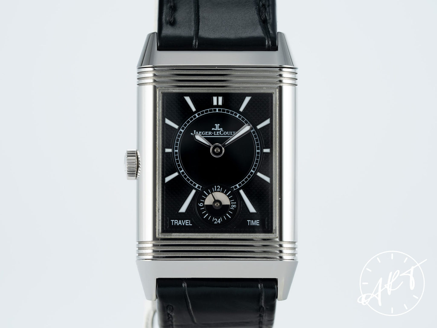 Jaeger-LeCoultre Reverso Classic Duoface Travel Time Day/Night Black & Silver Dial SS Watch Q2458420 BP