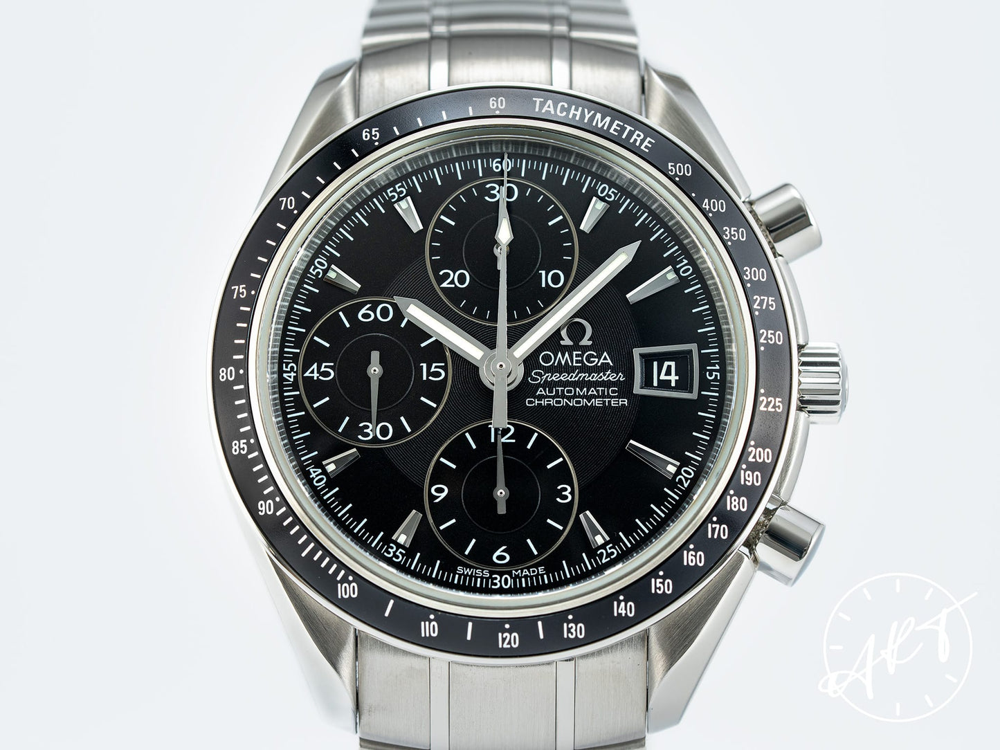 Omega Speedmaster Date 40 Chrono Black Dial SS Auto Watch 3210.50.00 w/ Box