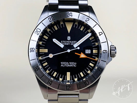 Steinhart Ocean Vintage GMT Black Dial Stainless Steel Auto Diver Watch w/ B&P