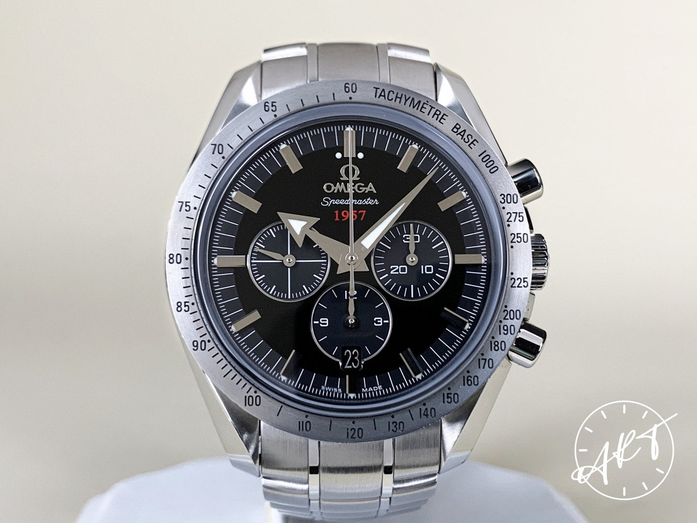 Omega Speedmaster 1957 Chronograph Black Dial SS Auto Broad Arrow Watch w/ B&P