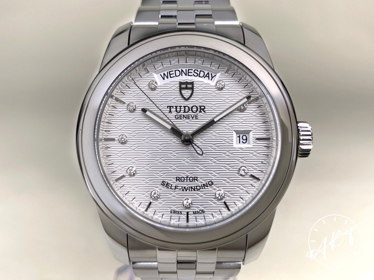 NEW Tudor Glamour Day-Date Silver Diamond Dial SS Auto Watch 56000-0006 w/ B&P