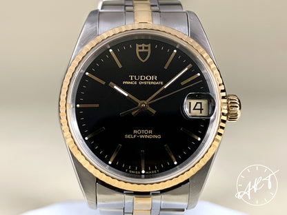 Tudor Prince OysterDate Gold Bezel Black T Dial 18K Gold & SS Ladies Watch 72033