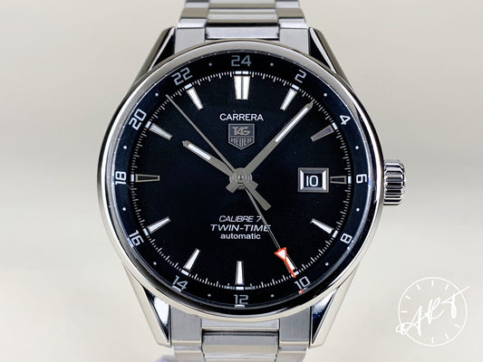 Tag Heuer Carrera Cal 7 Twin Time Black Dial SS Auto Watch WAR2010 w/ B&P