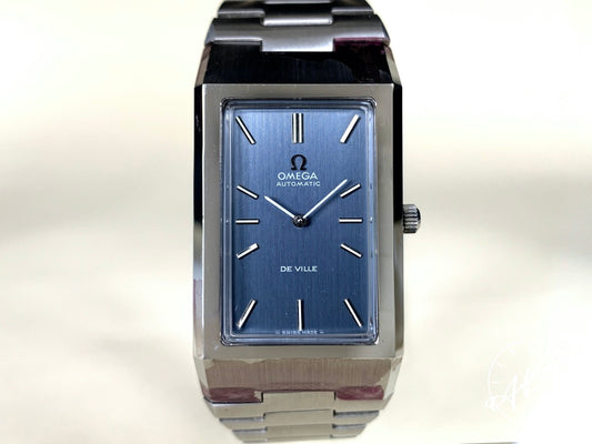 NOS Vintage 1970s Omega De Ville Oversized Blue Dial SS Auto Watch 155.007