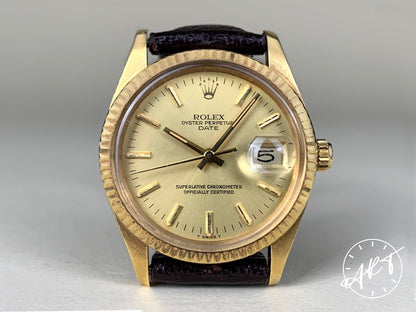 1982 Rolex Oyster Perpetual Date Gold Dial 18K Gold Auto Watch 15038 in FULL SET