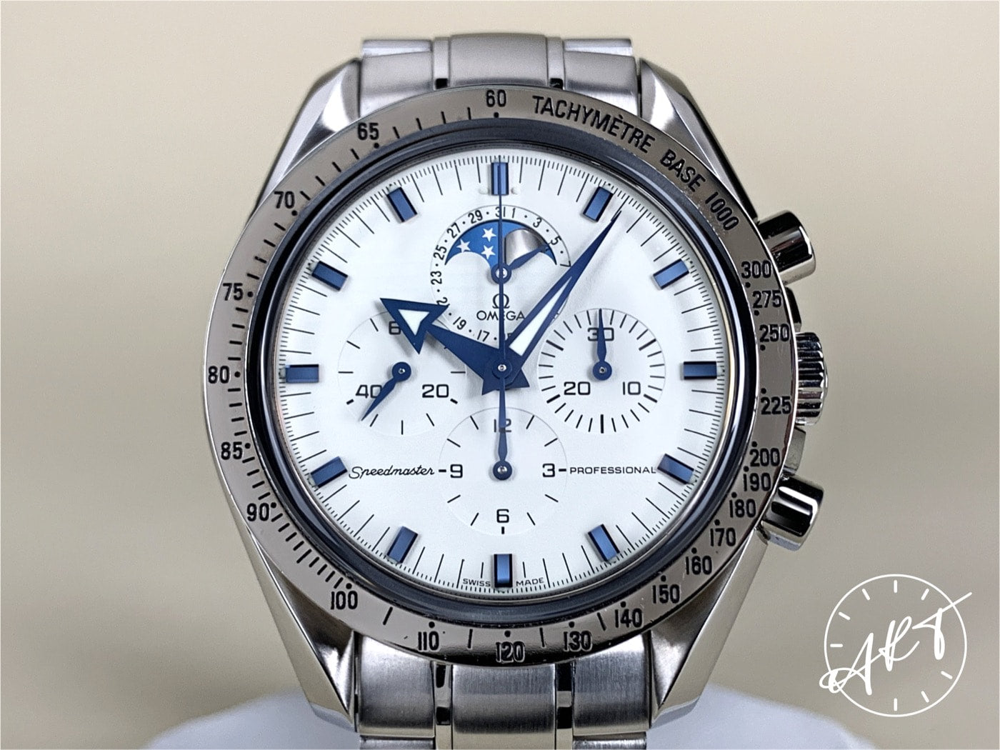 Omega Speedmaster Cal 1866 Moonphase WG Bezel White Dial SS Watch 3575.20.00 BP