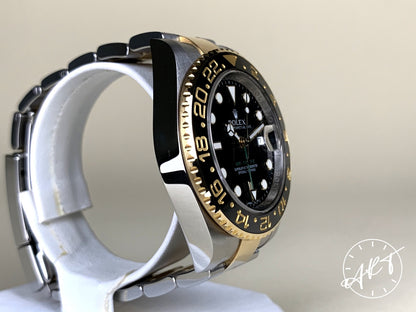 2013 Rolex GMT-Master II Gold Bezel Black Dial 18K Gold & SS Watch 116713LN BP