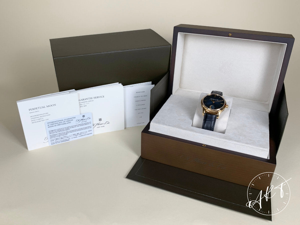 H. Moser & Cie. Endeavour Moon Blue Dial 18K RG Manual Watch 1348-0100 w/ B&P