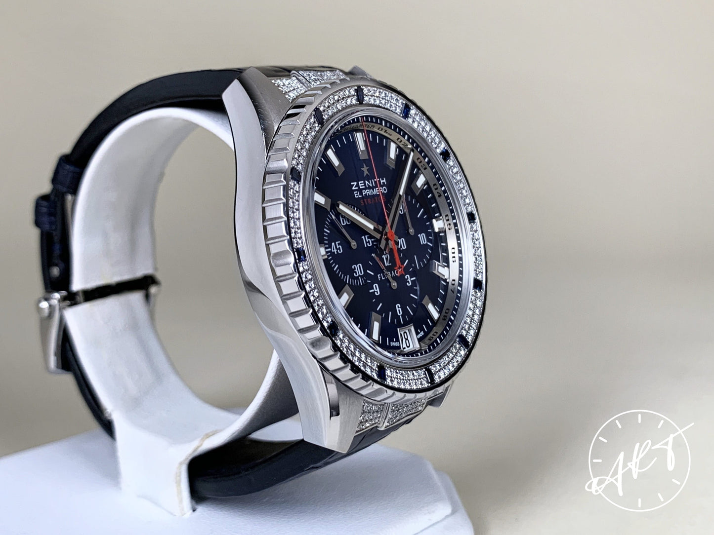 Zenith El Primero Flyback Chrono FACTORY DIAMOND Blue Dial SS Stratos Watch w/Box