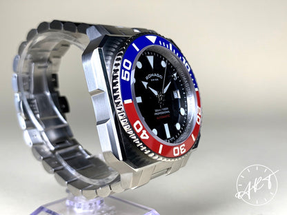 Romago ProAquanaut 300 Blue & Red Bezel Black Dial SS Diver Watch w/ Paper