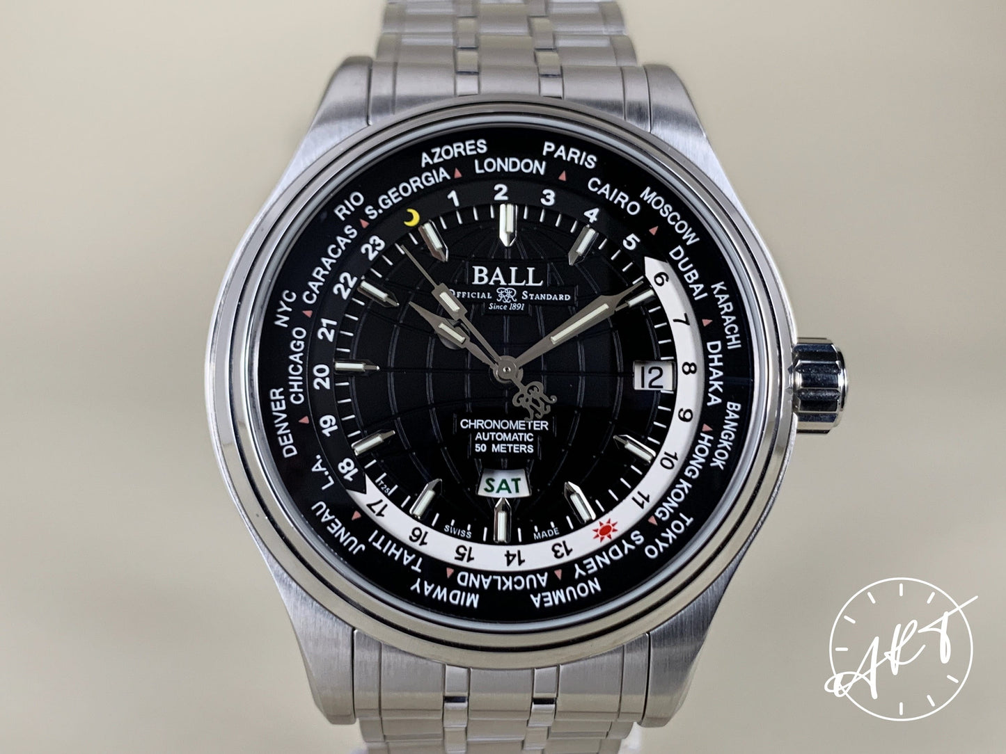 BALL Trainmaster Day & Date Worldtime Black Dial SS Auto Watch GM2020D