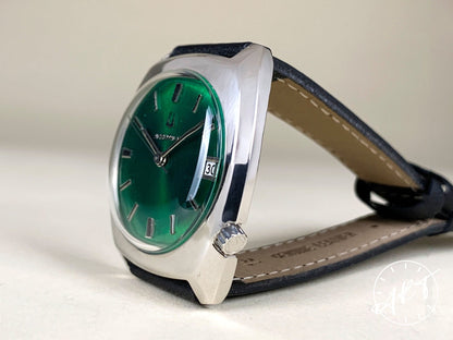 Vintage 1973 Accutron 218 Green Dial Stainless Steel Tuning Fork Watch w/ Box