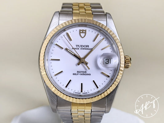 1995 Tudor Prince OysterDate Gold Bezel White Dial 18K Gold & SS Watch 74033