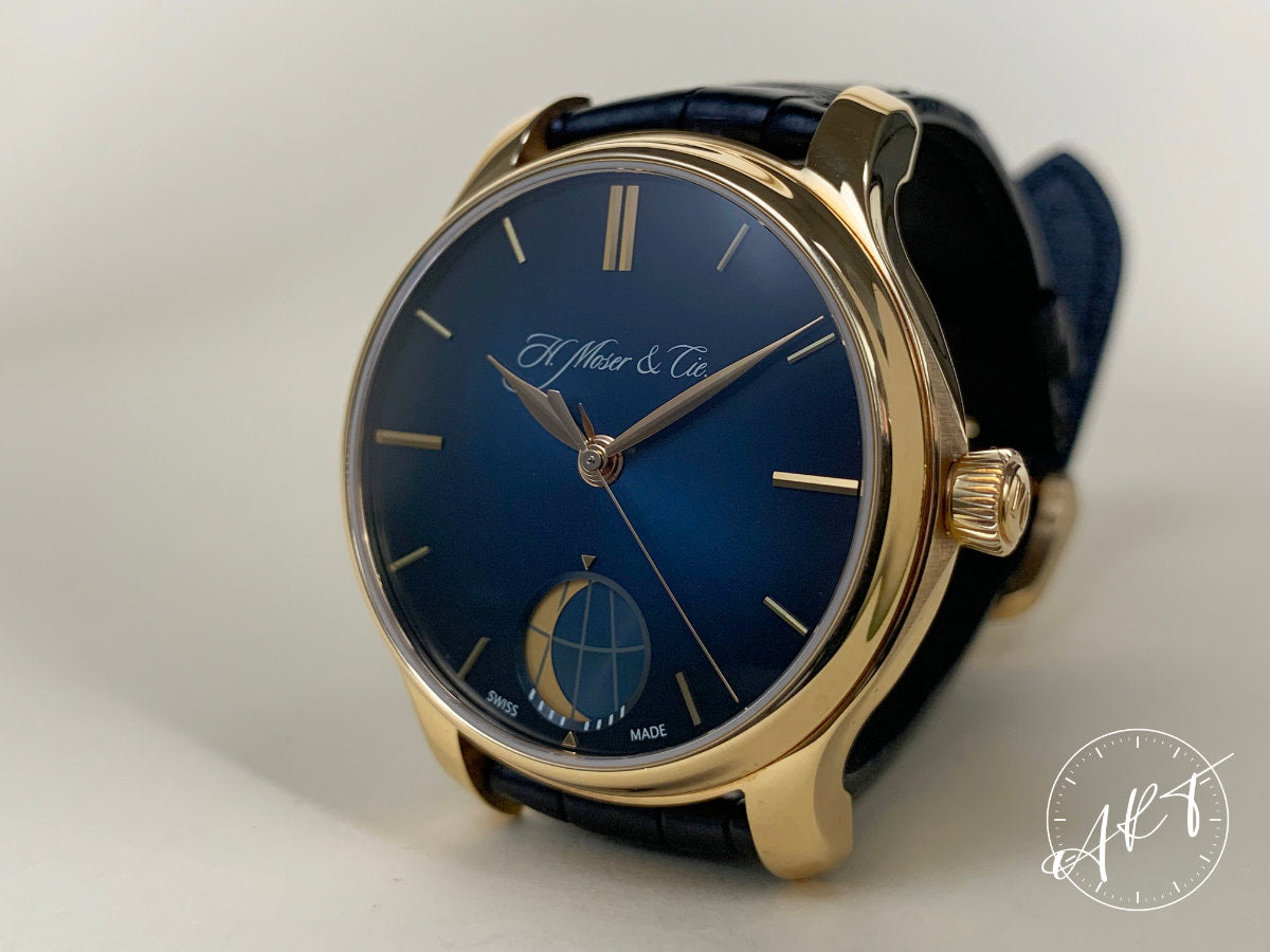 H. Moser & Cie. Endeavour Moon Blue Dial 18K RG Manual Watch 1348-0100 w/ B&P