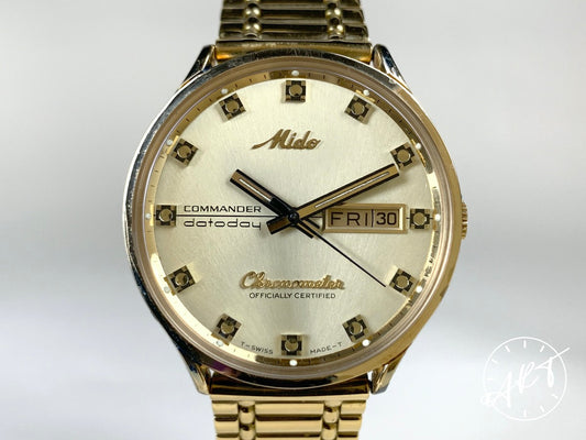 NOS Vintage Mido Commander Datoday Gold Dial Gold Plated SS Auto Watch 8439 BP