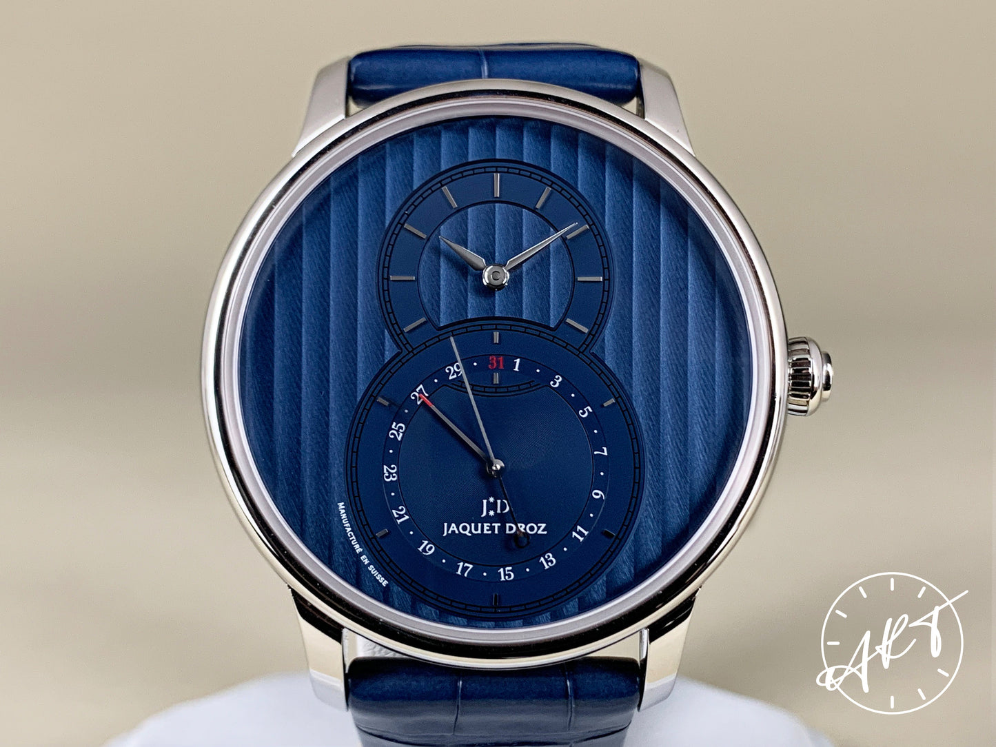 Jaquet Droz Grande Seconde Quantieme Blue Dial SS Auto Watch J007030245 w/ Box