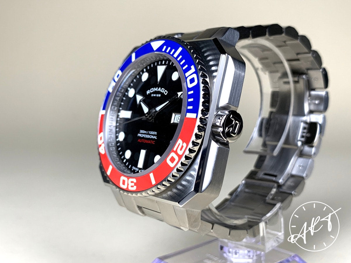 Romago ProAquanaut 300 Blue & Red Bezel Black Dial SS Diver Watch w/ Paper