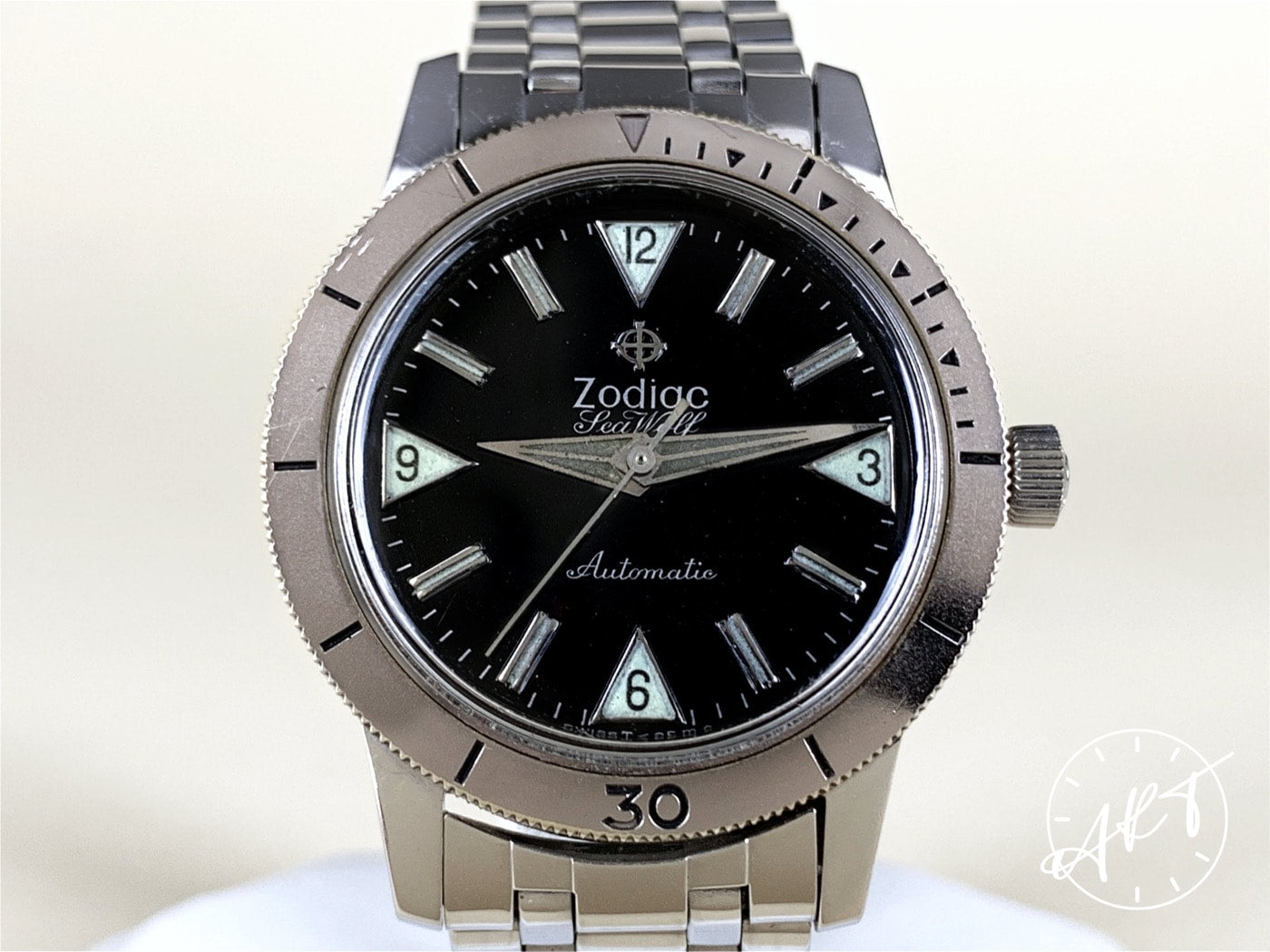 Vintage Zodiac Sea Wolf Black Dial Stainless Steel Automatic Watch in FULL SET