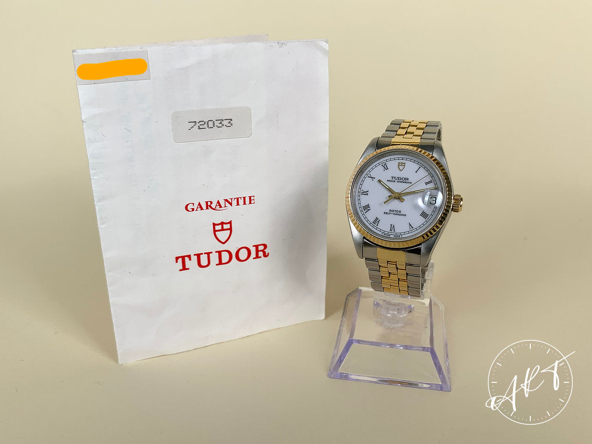 1994 Tudor Prince Date White Roman Dial Gold Plated & SS Watch 72033 w/ Paper