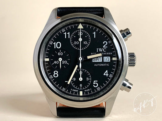 IWC Flieger Day-Date Chrono Black Dial Cream Patina SS Auto Pilot Watch IW3706