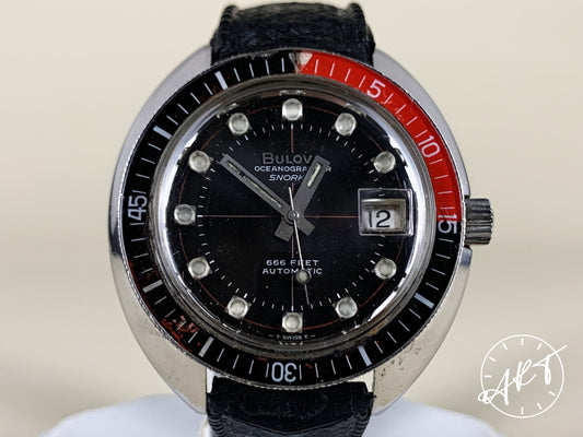 Vintage 1969 Bulova Oceanographer Snorkel 666 Black & Red Bezel Black Dial SS Watch