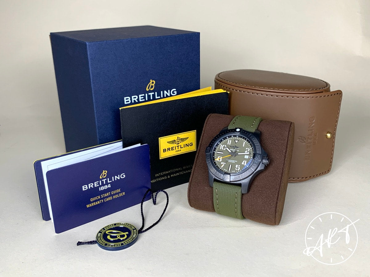 NEW Breitling Avenger Night Mission 45 GMT Military Green Dial Ltd Watch V32395 BP