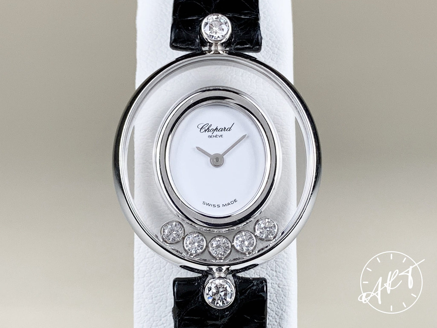 Chopard Happy Diamonds White Dial 18K WG Oval Quartz 5 Diamonds Ladies Watch