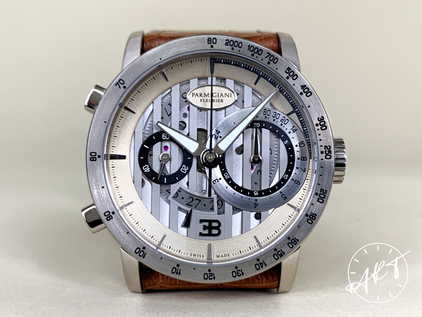 Parmigiani Bugatti Atalante Flyback Chrono Silver Dial 18K WG Watch PFC329 BP