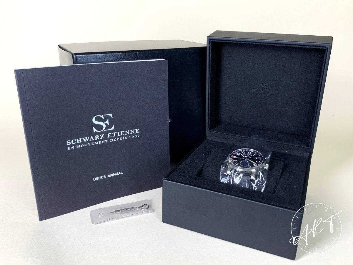 NEW Schwarz Etienne Roma Triple Date Moonphase Black Dial SS Auto Watch w/ B&P