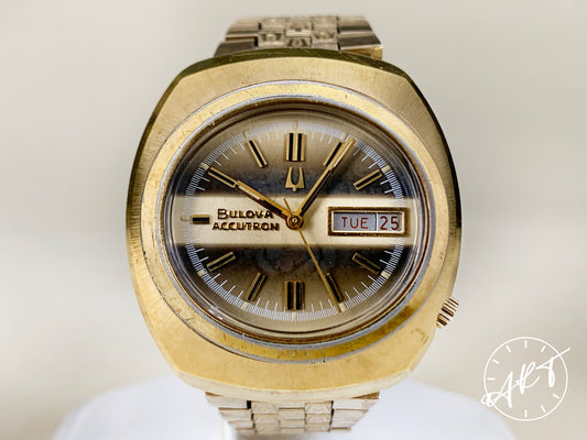 Vintage 1974 Accutron 218 Day-Date Brown Dial Gold Gold Plated & SS Tuning Fork Watch