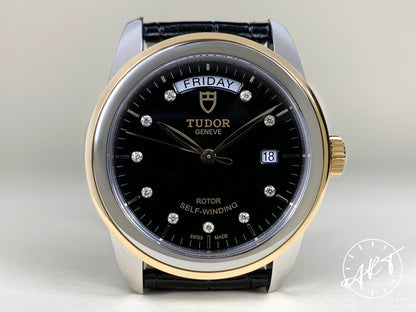 NEW Tudor Glamour Day-Date Black Diamond Dial 18K Gold & SS Auto Watch 56003 BP