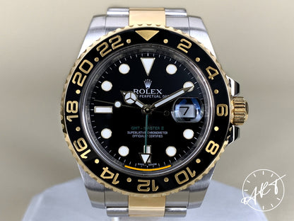 2013 Rolex GMT-Master II Gold Bezel Black Dial 18K Gold & SS Watch 116713LN BP
