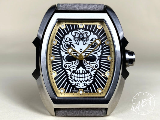 NEW Steinhart Barrique Black & White Dial SS Auto Phantom Skull Edition Watch BP