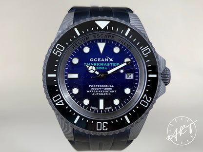 OceanX Sharkmaster 300+ Black & Blue Dial Damascus Steel Swiss Made SE Watch BP