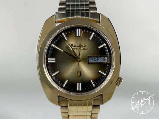 Vintage 1973 Accutron Day-Date Gold Dial Gold Plated SS Tuning Fork Watch