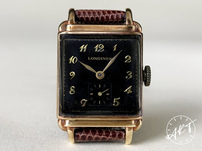 Vintage 1943 Longines Cal 9L 17 Jewels Black Gilt Dial Gold 14K Gold Watch