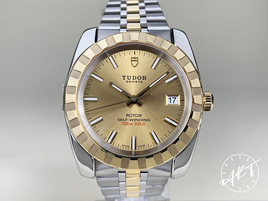 Tudor Classic Date Gold Dial 18K Gold & Stainless Steel Auto Watch 21013 w/ B&P