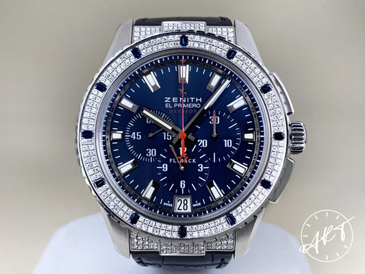 Zenith El Primero Flyback Chrono FACTORY DIAMOND Blue Dial SS Stratos Watch w/Box