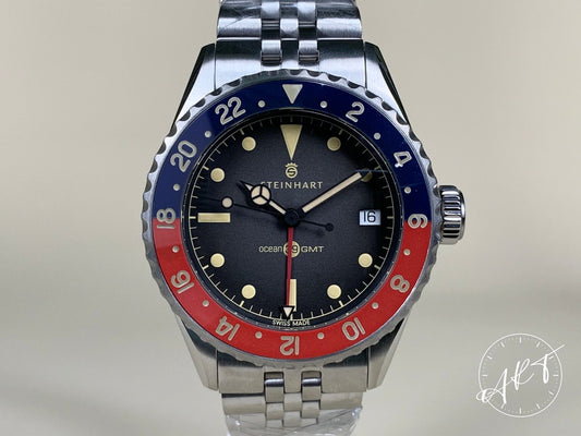 NEW Steinhart Ocean 39 Vintage GMT Black Dial SS Hong Kong Ltd Diver Watch BP