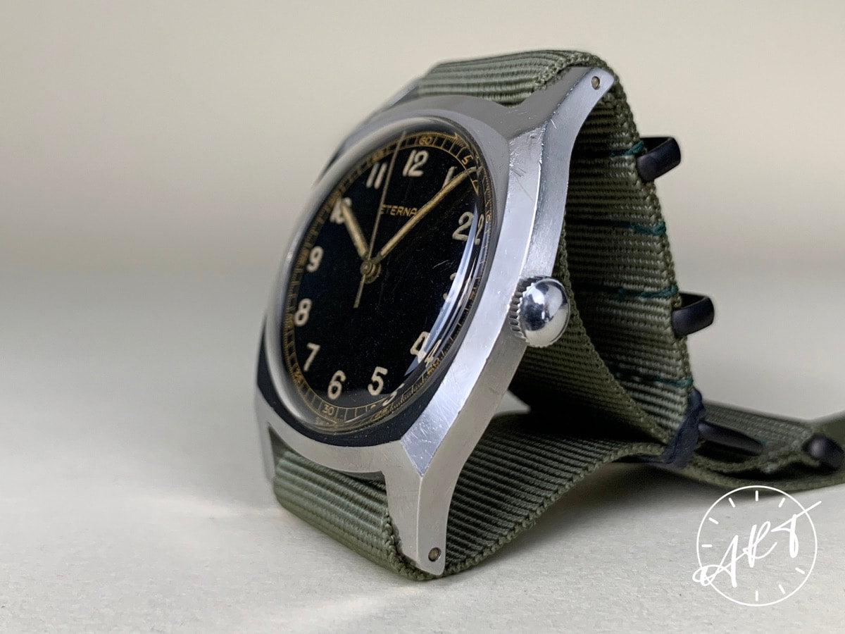 Vintage 1940s Eterna Majatek Czech Air Force Black Gilt Dial SS Military Watch