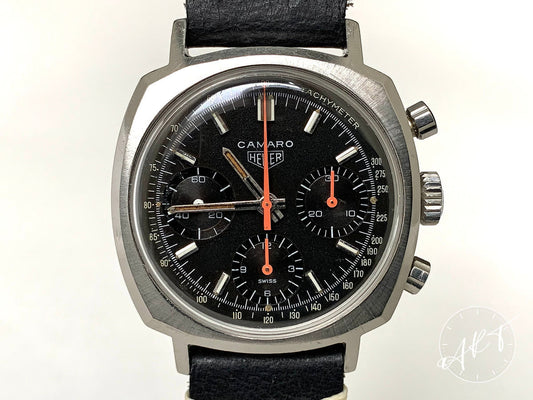 Vintage Heuer Camaro Chronograph Black Exotic Dial SS Manual Watch 73643 NT