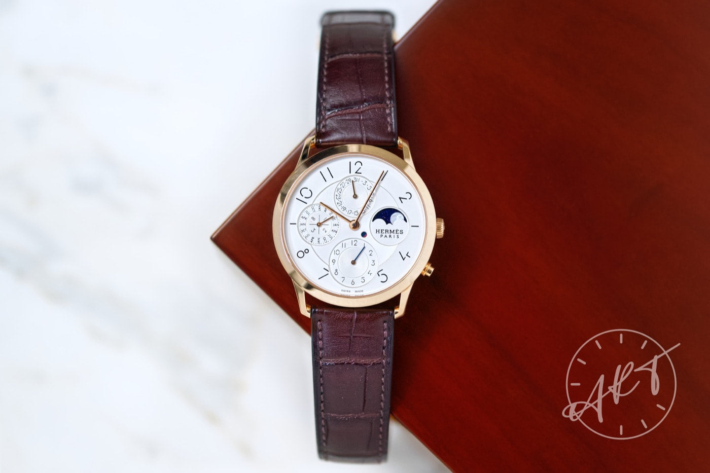 Hermès Slim D'Hermès Perpetual Calendar GMT White Dial 18K RG Watch BP