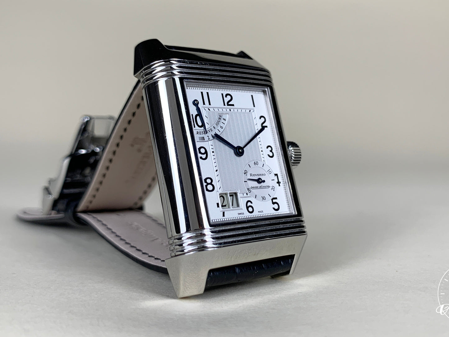 Jaeger-LeCoultre Reverso Grande Date Silver Dial SS Manual Watch Q3008120 w/ B&P