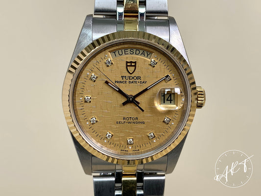 Tudor Prince Day-Date Gold Linen Diamond Dial SS Auto Watch 76213 w/ Paper