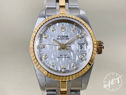 NEW Tudor Princess OysterDate Silver Linen Diamond Dial 18K Gold & SS Watch 92413 BP