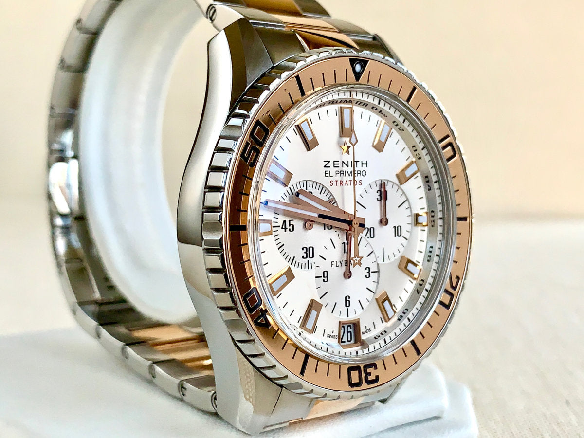 Zenith El Primero Stratos Flyback Chrono Silver Dial 18K RG & SS Auto Watch BP