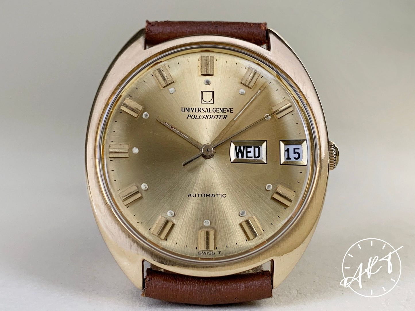 Vintage Universal Genève Polerouter Day-Date Gold Dial 14K Gold Filled Watch