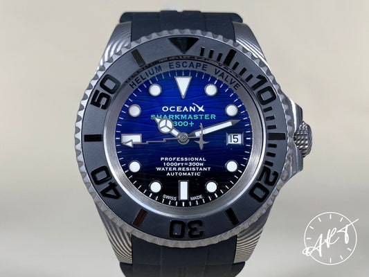 NEW OceanX Sharkmaster 300+ Black & Blue Dial Damascus Steel SE Watch SMS322 BP