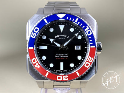 Romago ProAquanaut 300 Blue & Red Bezel Black Dial SS Diver Watch w/ Paper